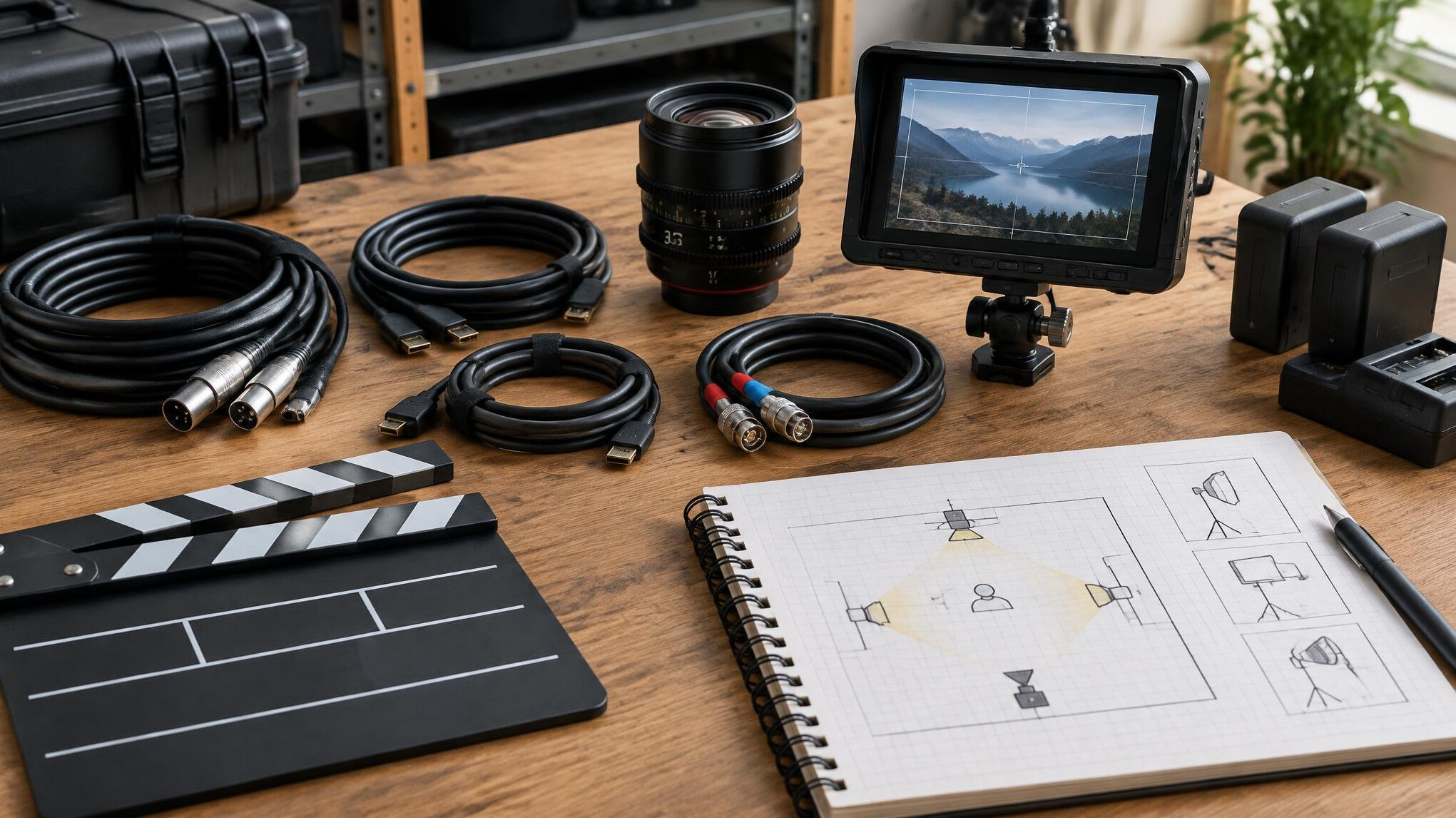 Video production equipment on a workbench