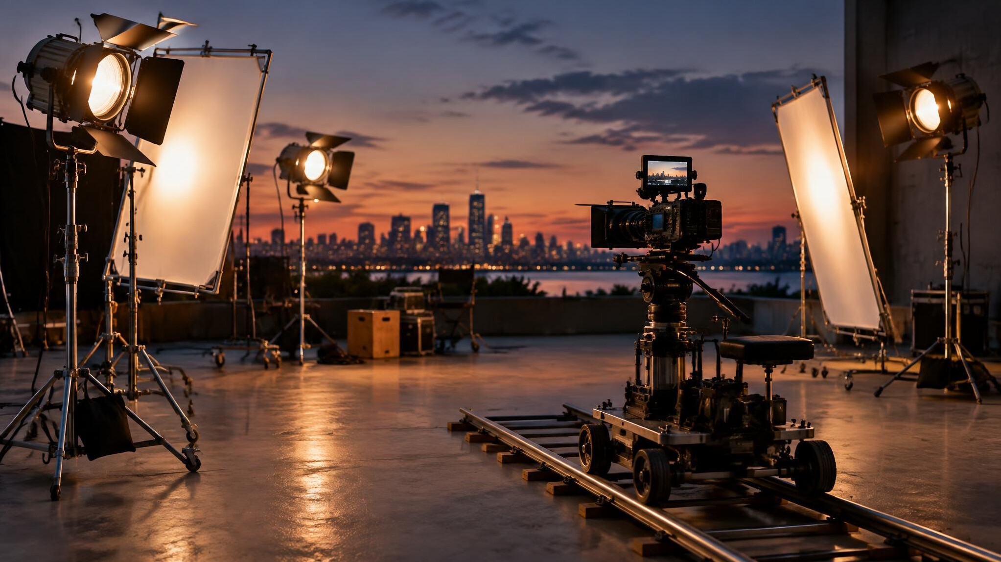 Film set equipment with lights and camera
