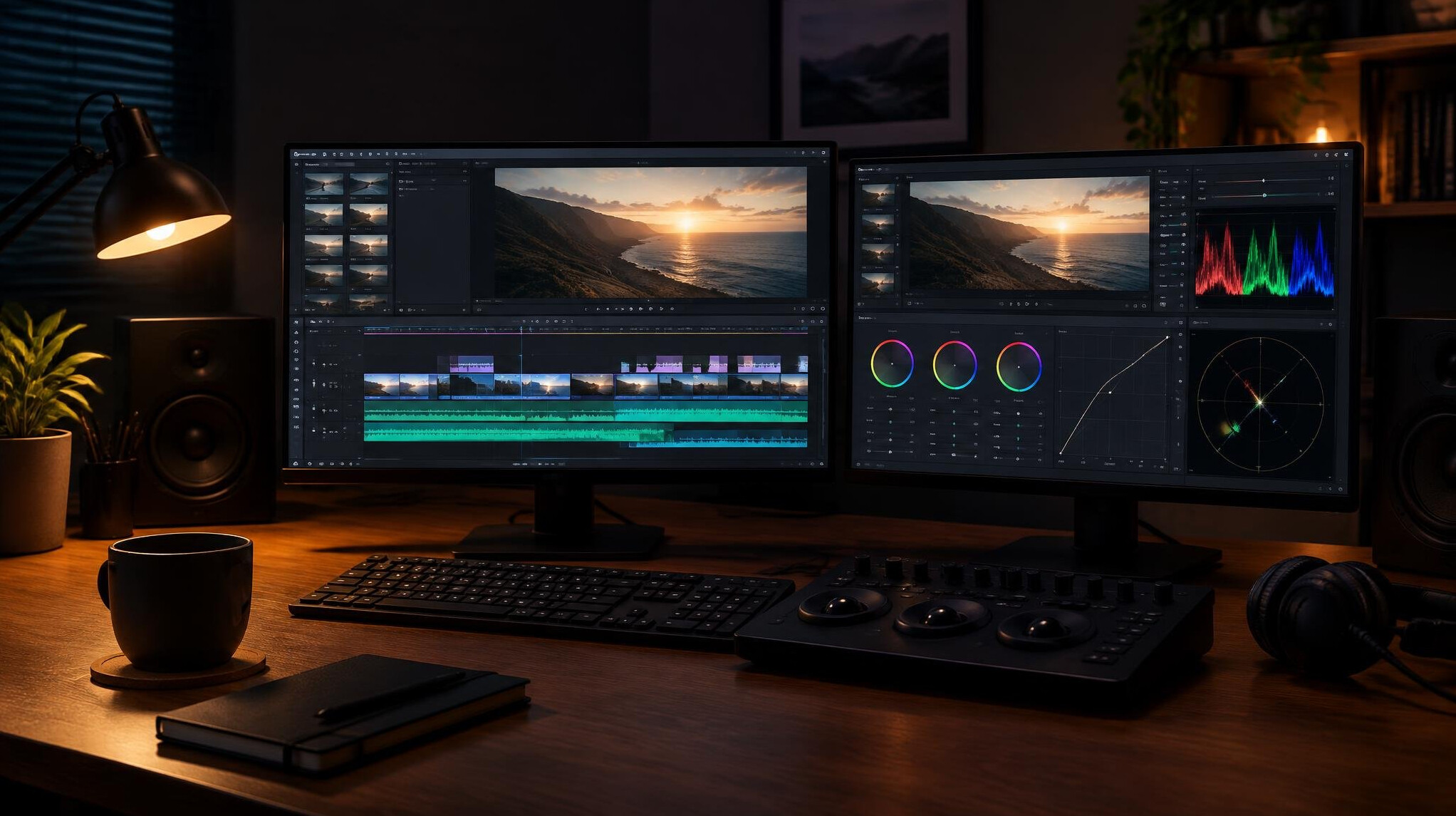 Video editing workstation with monitors and timeline