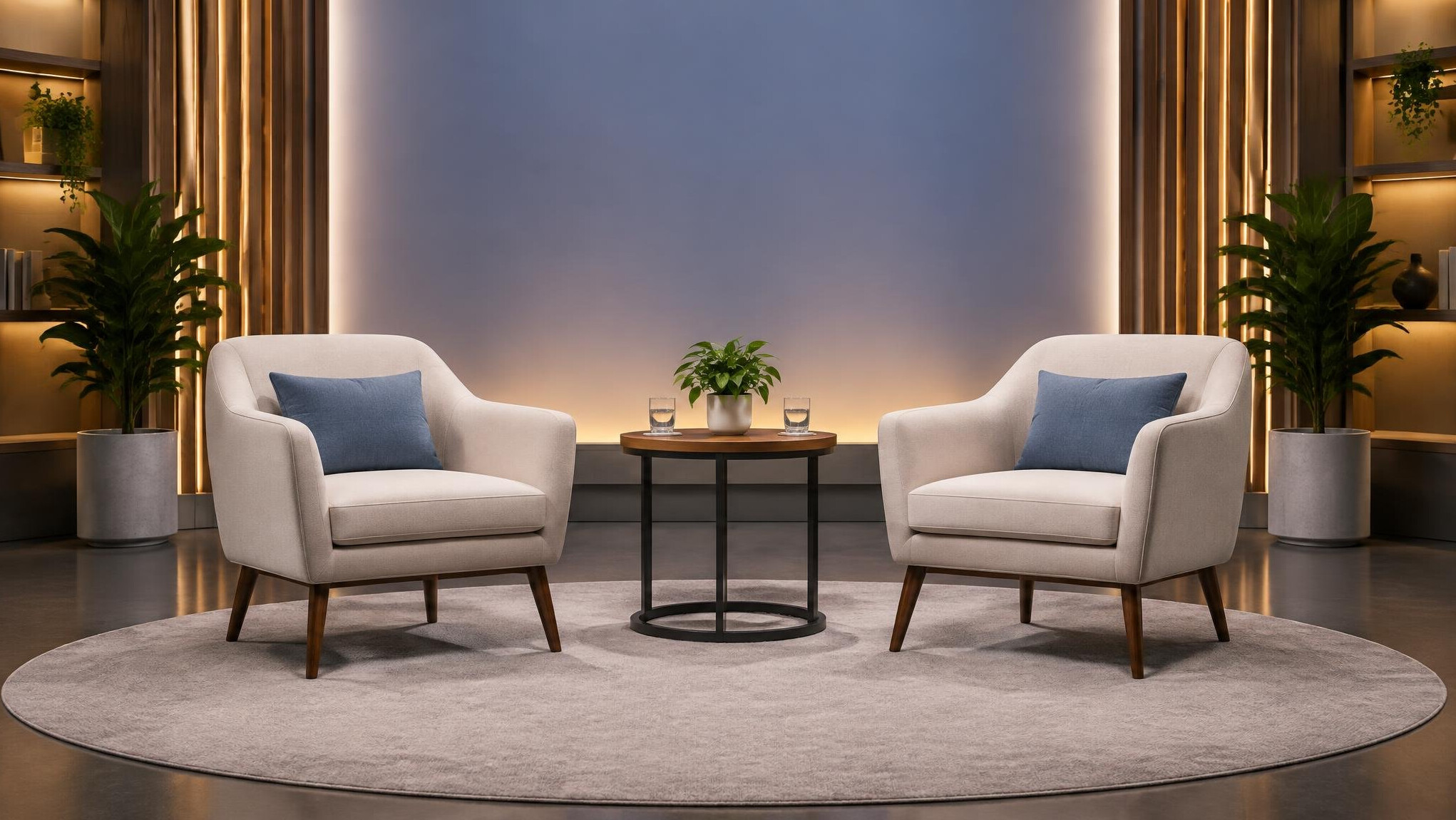 Modern conference stage with two chairs and soft light