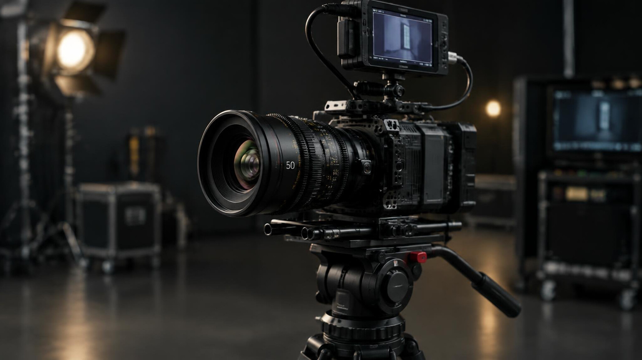 Professional cinema camera on a tripod in a studio