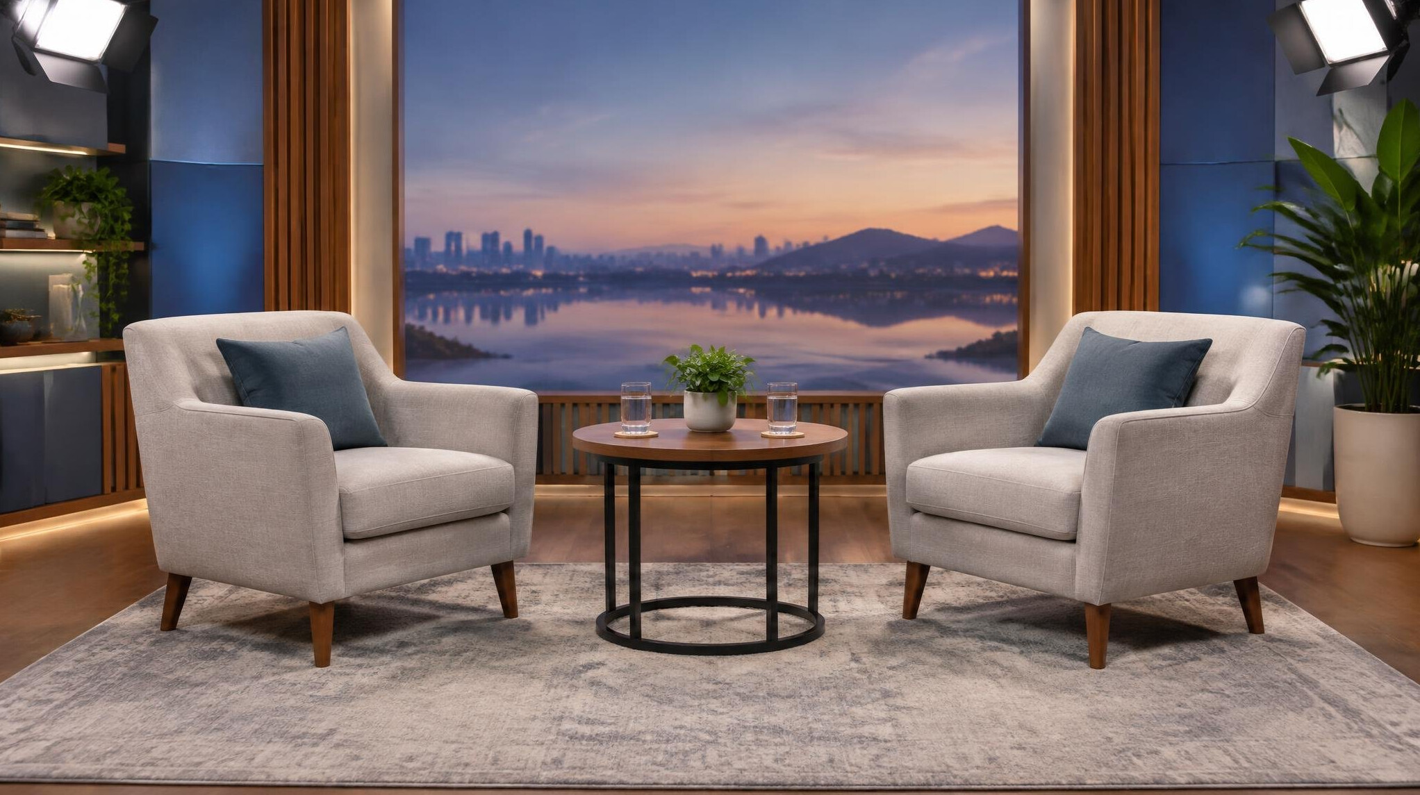 Empty interview set with two armchairs and soft lighting