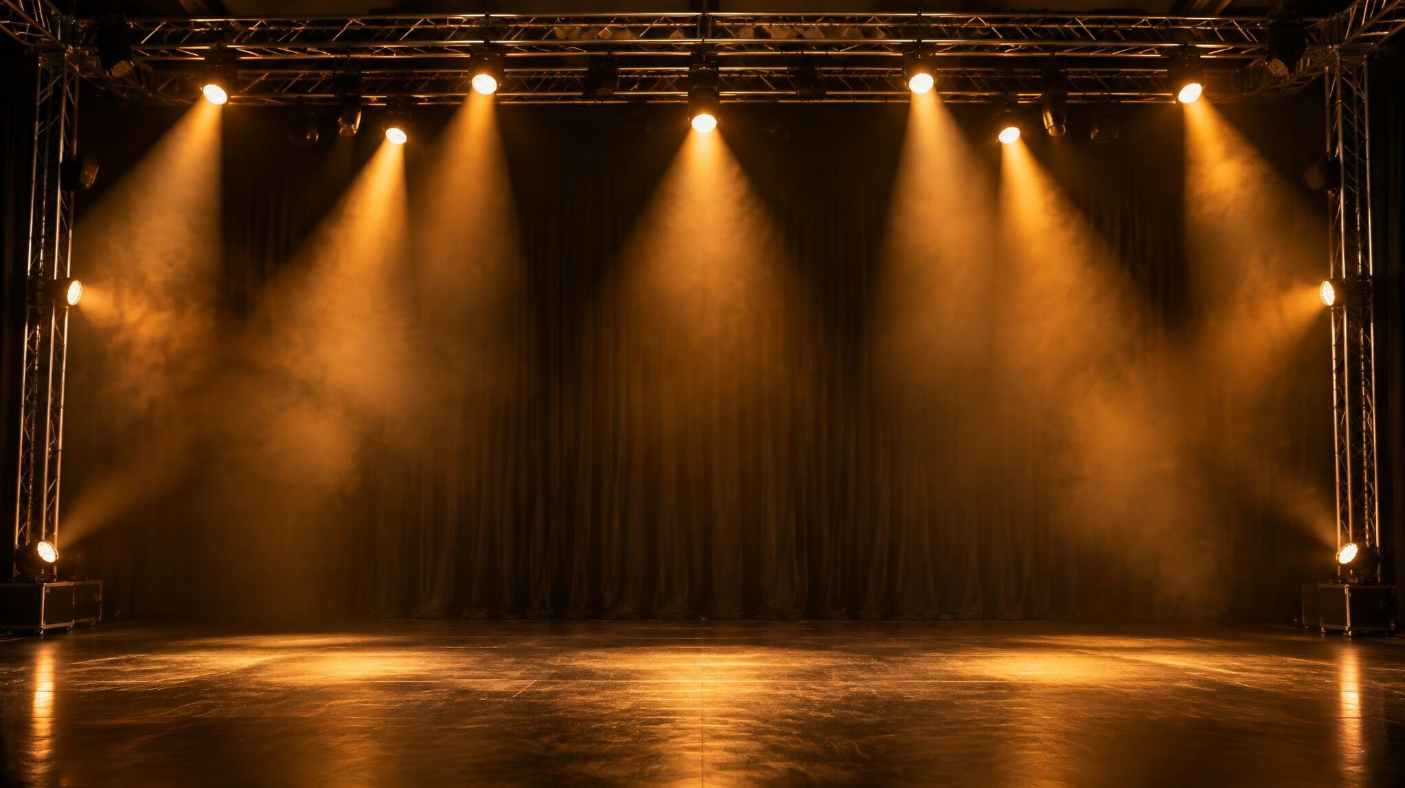 Stage with warm spotlights and haze in an empty theatre