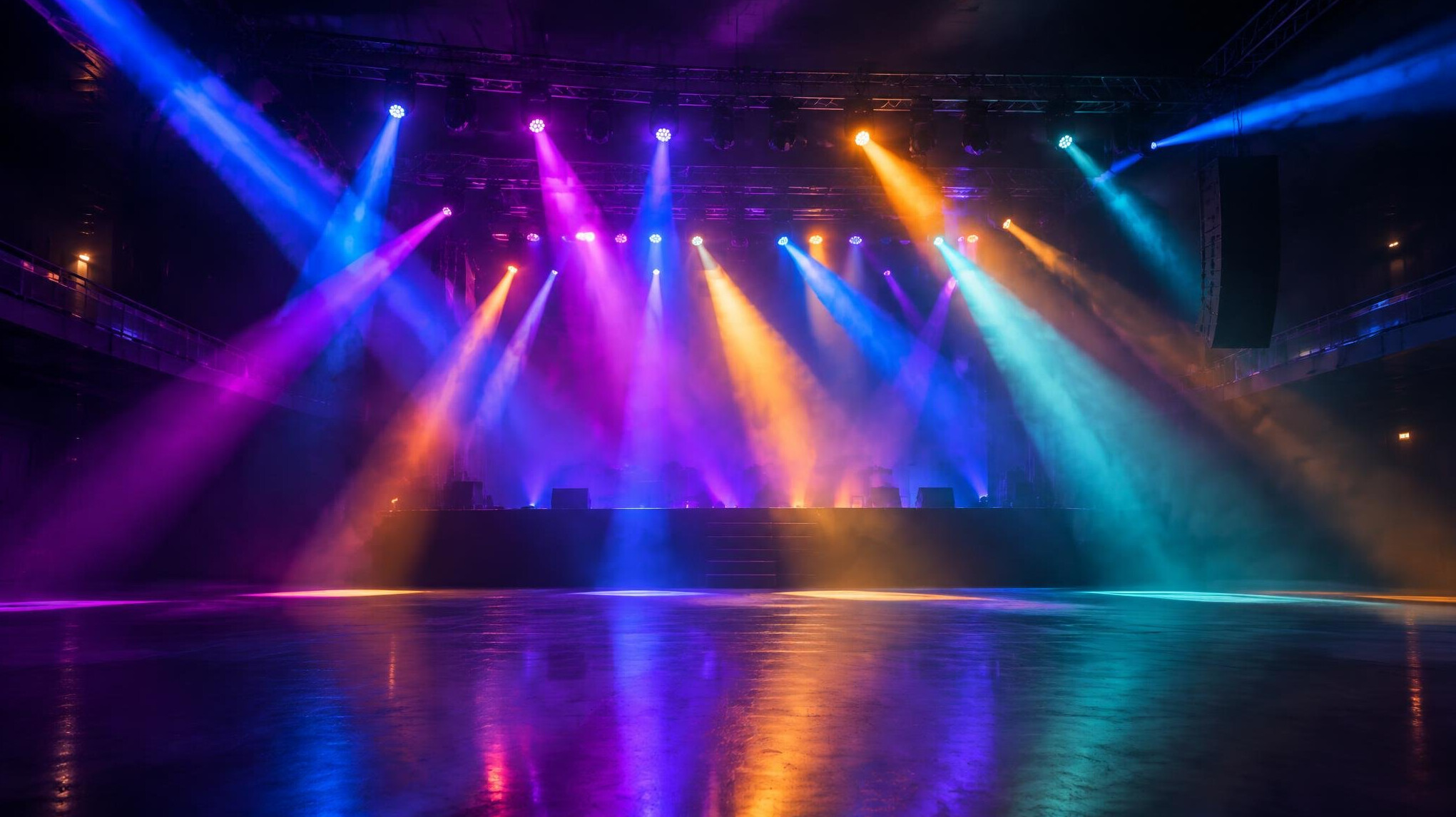 Colourful stage lights over a dark concert hall