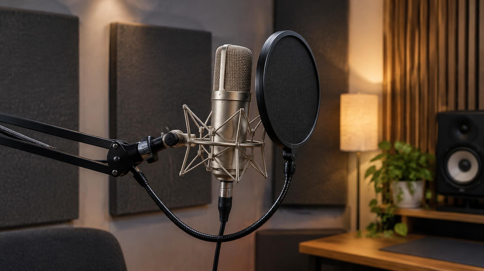 Studio microphone with pop filter in a recording room