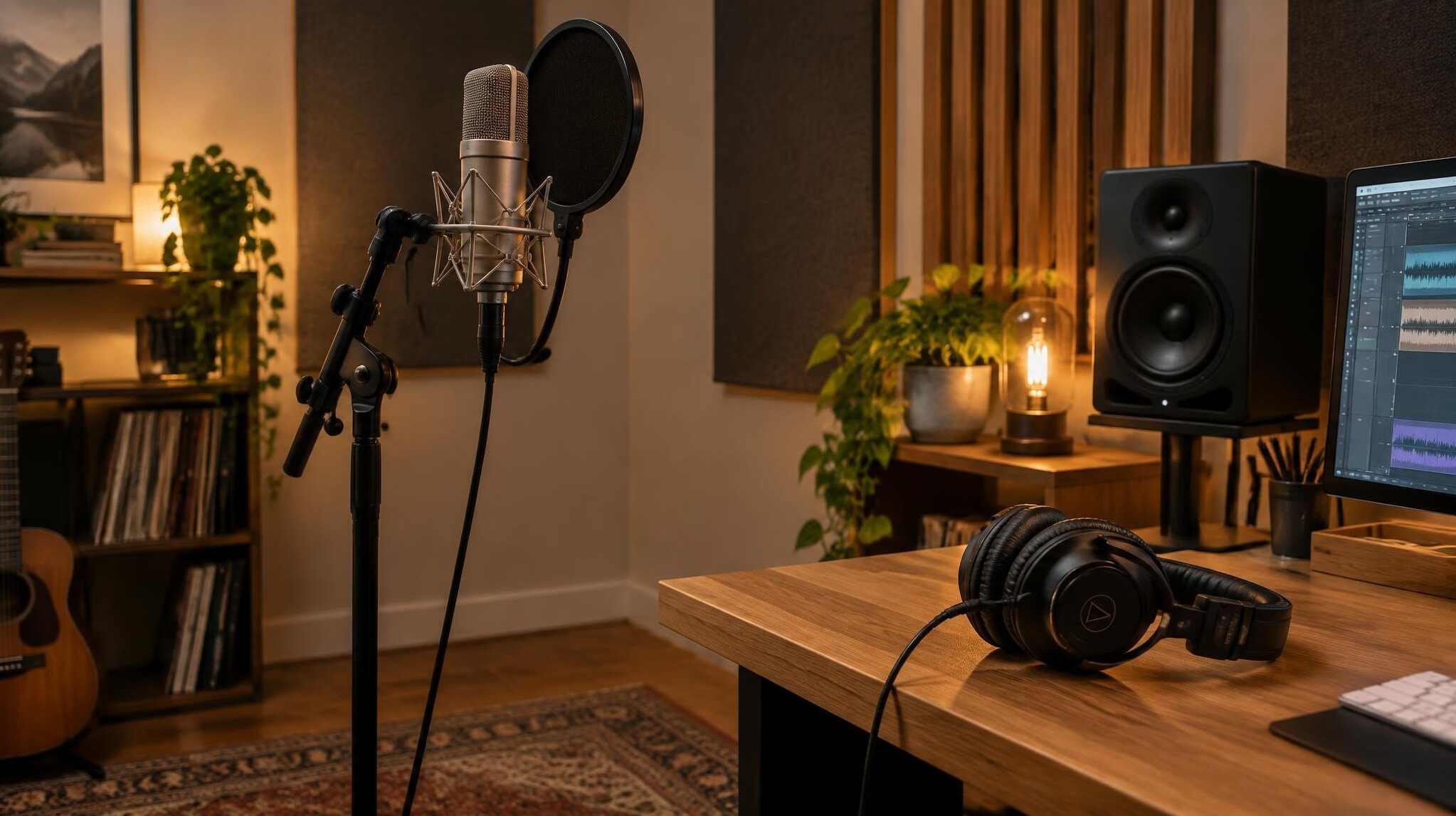 Recording studio with microphone and headphones